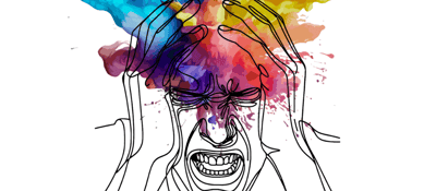 line drawing of a person holding their head in pain the background consists of splashes of vibrant colors depicting chaos