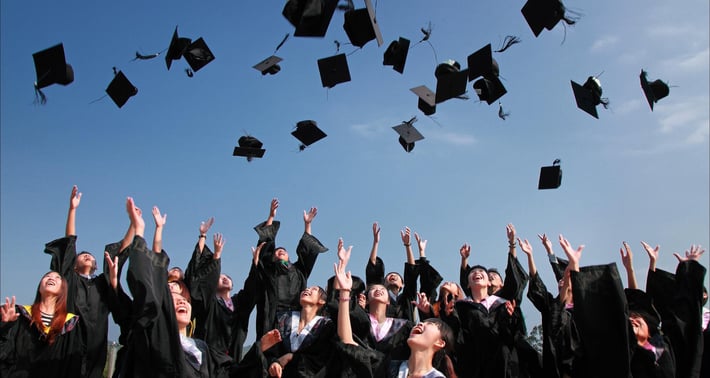 College graduates tossing graducation caps into the air